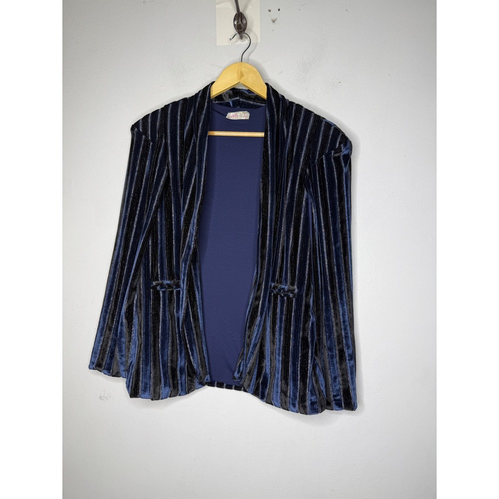 Free People Navy Blue Velvet Striped Cape Blazer Open Front Metallic Pinstripe